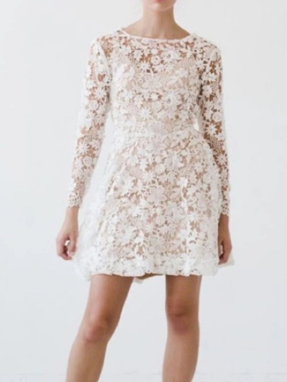 Sarah Seven White Floral Guipure Lace Long-Sleeve Mini Dress